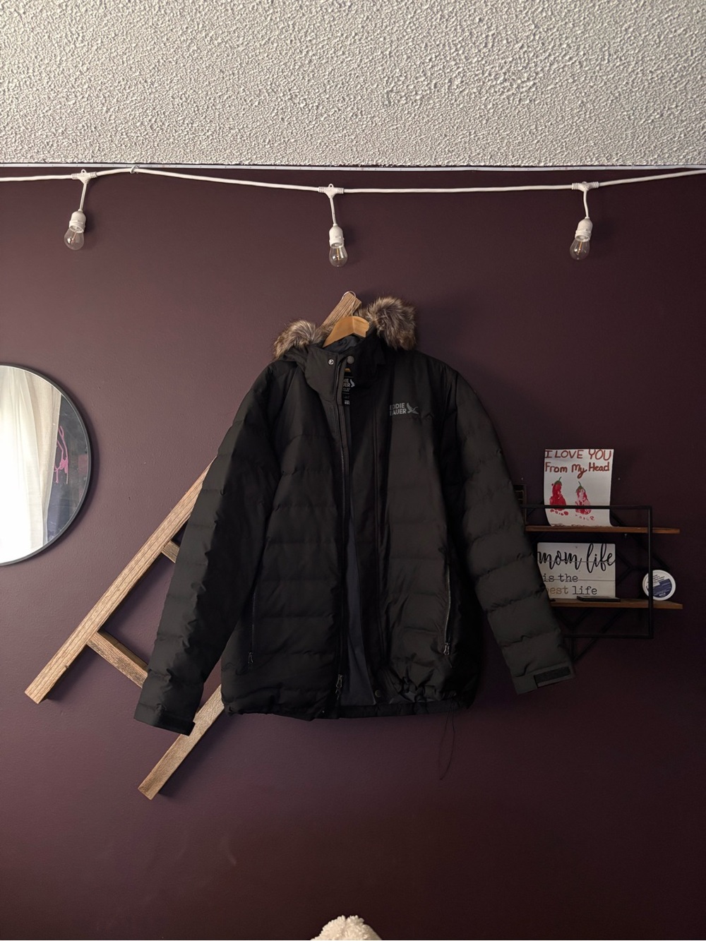 Eddie Bauer Black Quilted Puffer Jacket with Faux Fur Trimmed Hood
